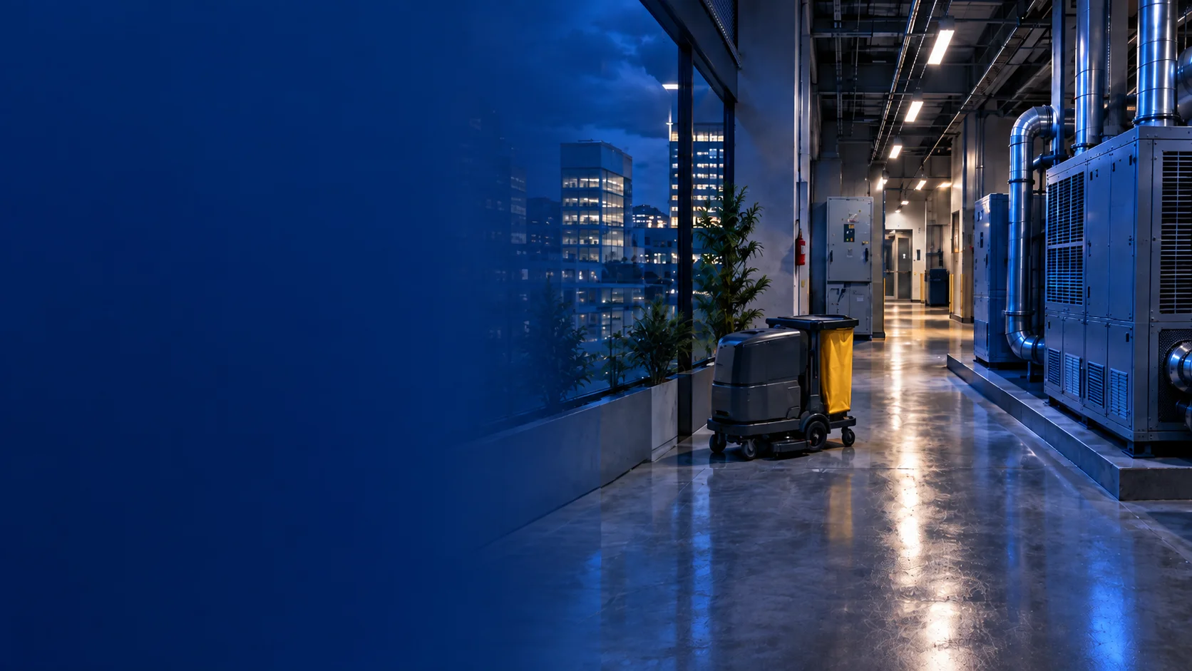 Facility asset tracking in a plant room, with illustrative location markers and status cards for an HVAC chiller, electrical panel and cleaning equipment. Sample asset data.